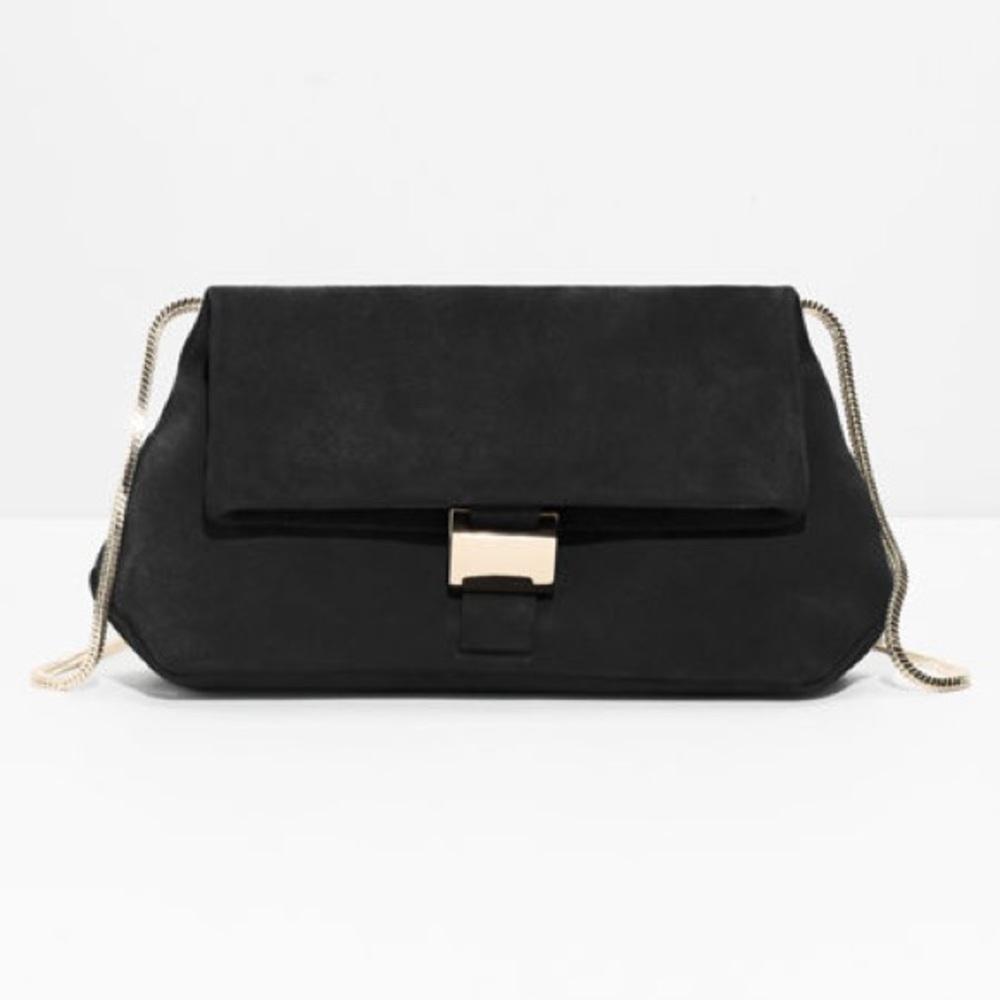& Other Stories Black Suede Fold-Over Bag | Gold Chain